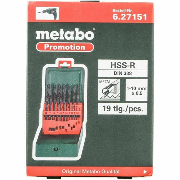 Metabo Bohrer HSS-R-Bohrerkassette, 627151000, 19-teiliges Set, HSS-R DIN 338 Metallbohrer 5