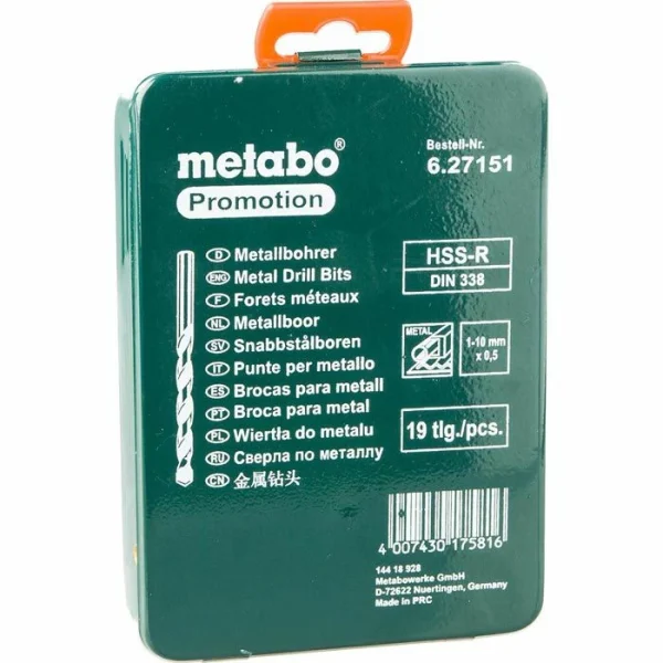 Metabo Bohrer HSS-R-Bohrerkassette, 627151000, 19-teiliges Set, HSS-R DIN 338 Metallbohrer 4