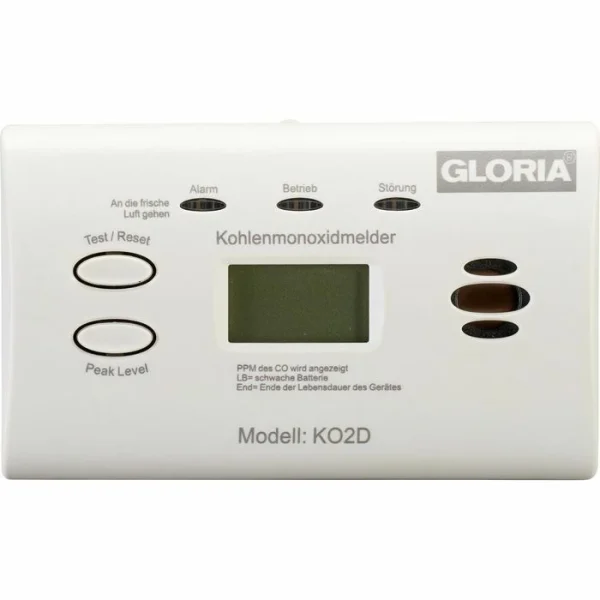 Gloria CO-Melder KO2D, EN 50291, 10 Jahre, Batterie Wechselbar, Display 1