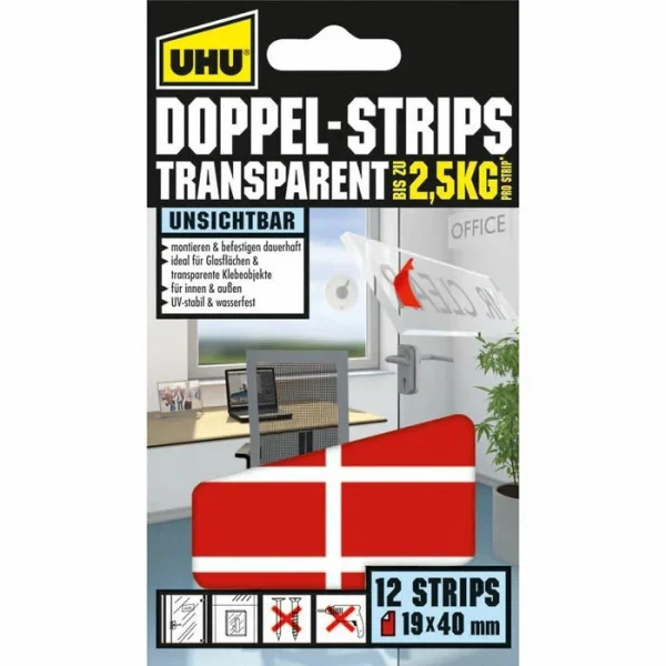 UHU® UHU Klebepads Doppel Strips Transparent, Transparent, Bis 2,5kg, 12 Stück 1