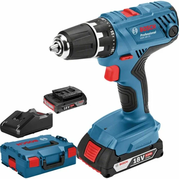 Bosch Akku-Bohrschrauber GSR 18 V-21, Professional, 18V / 2,0Ah, Mit 2 Akkus, Koffer Und Schnellladegerät 1