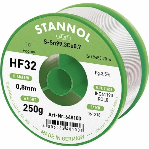 Stannol Lötzinn 648135, HF32 ROL0, Mit Flussmittel, Ø 0,8mm, Sn99,3 Cu0,7, Bleifrei, 250g 1