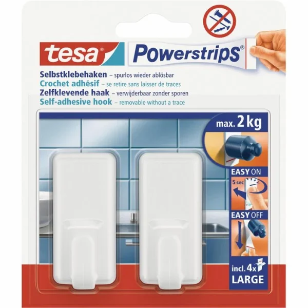 Tesa Powerstrips Klebehaken 58010, Bis 2kg, Weiß, 2 Haken 1