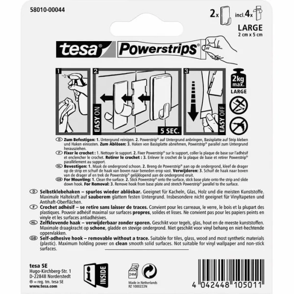 Tesa Powerstrips Klebehaken 58010, Bis 2kg, Weiß, 2 Haken 9