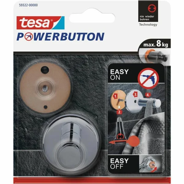 Tesa Klebehaken 59322 Powerbutton Universal Large, Bis 8kg, Metall, Wasserfest, Chrom 1