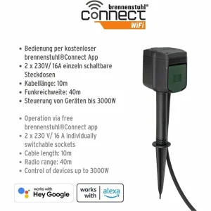 Brennenstuhl Gartensteckdose Connect WIFI, Mit Erdspieß & Montageplatte, 2-fach, 10 M Kabel 16