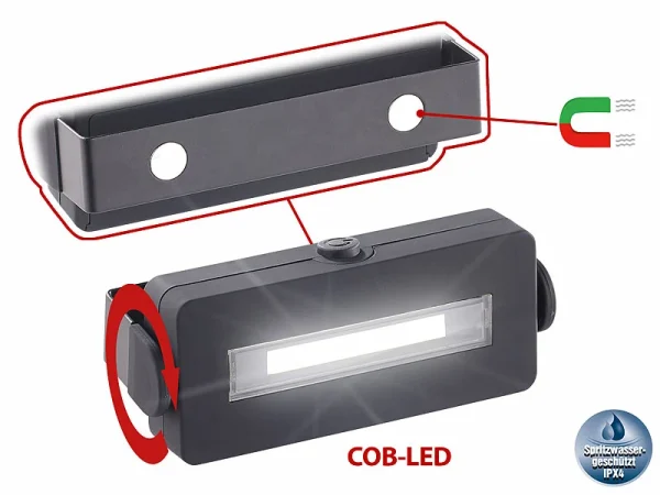 Lunartec Magnetlampe:Schwenkbare Arbeitsleuchte Mit COB-LED, 3 W, 100 Lm, Magnet, IPX4 1