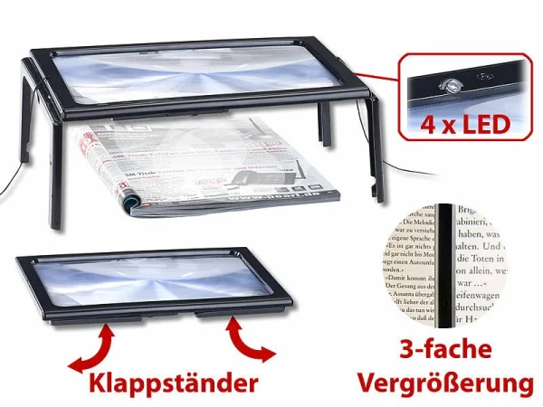 AGT Standlupe Mit Licht:2er-Set XXL-Leselupe Mit 3-facher Vergrößerung, 4 LEDs Und Klappstände 3