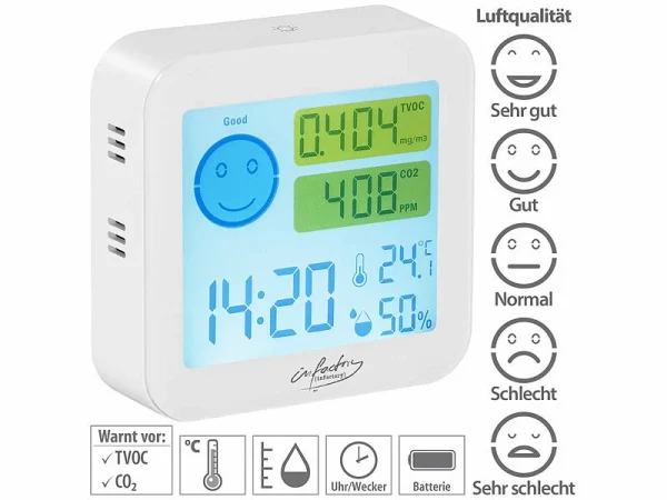 Infactory Kohlendioxidmelder:Messgerät Für TVOC & CO2, Mit Uhrzeit, Temperatur Und Luftfeuchtigkeit 1