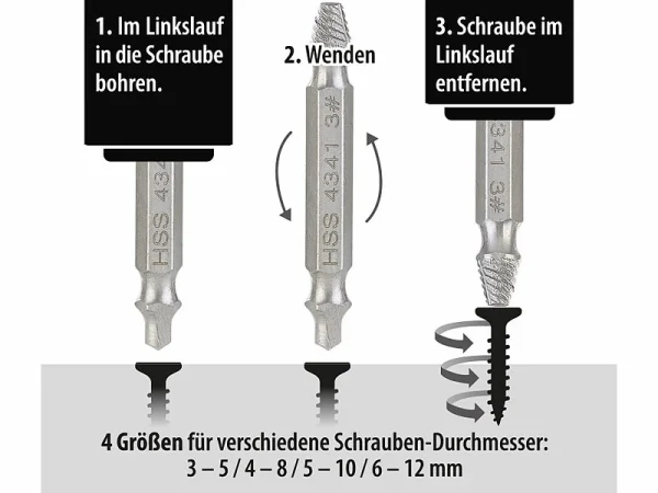 AGT Professional Schraubenausdreher:4-tlg. Schrauben-Ausdreher-Set Aus HSS-Stahl Für Beschädigte Schrauben 5