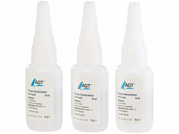 AGT Kleber:3er-Set Flüssiger Sekundenkleber Mit 6 Extra-Spitzen, Je 20 Ml 3