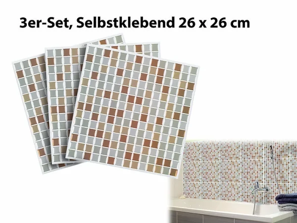 Infactory 3D Fliesenfolie:Selbstklebende 3D-Mosaik-Fliesenaufkleber “Bronze” 26 X 26 Cm, 3er-Set 1