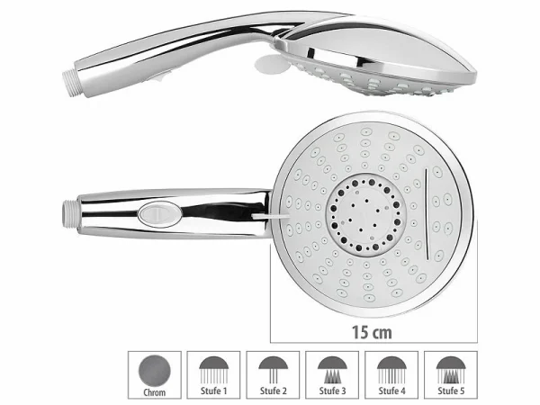 BadeStern Duschkopf Mit Wasserstop:XL-Duschkopf Mit Wasserstopp-Taste & 5 Strahlarten, Edelstahl-Schlauch 1