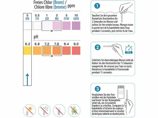 AGT Indikatorpapier Pool:200er-Set 2in1-Wasser-Teststreifen Für PH-Wert Und Freies Chlor / Brom 4