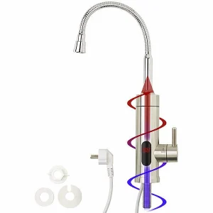 Rosenstein & Söhne Mischbatterie:2er-Set 2in1-Edelstahl-Armatur & Durchlauferhitzer, Display, Für 1/2″ 33