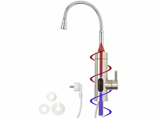 Rosenstein & Söhne Mischbatterie:2er-Set 2in1-Edelstahl-Armatur & Durchlauferhitzer, Display, Für 1/2″ 12