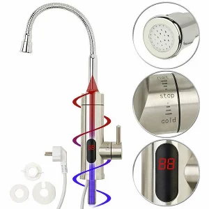 Rosenstein & Söhne Mischbatterie:2er-Set 2in1-Edelstahl-Armatur & Durchlauferhitzer, Display, Für 1/2″ 27