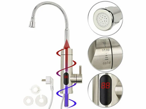 Rosenstein & Söhne Mischbatterie:2er-Set 2in1-Edelstahl-Armatur & Durchlauferhitzer, Display, Für 1/2″ 9