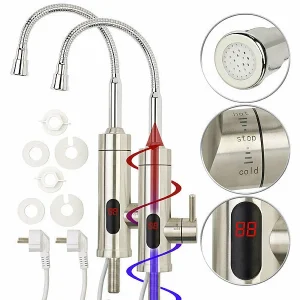 Rosenstein & Söhne Mischbatterie:2er-Set 2in1-Edelstahl-Armatur & Durchlauferhitzer, Display, Für 1/2″ 15