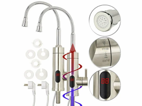 Rosenstein & Söhne Mischbatterie:2er-Set 2in1-Edelstahl-Armatur & Durchlauferhitzer, Display, Für 1/2″ 3